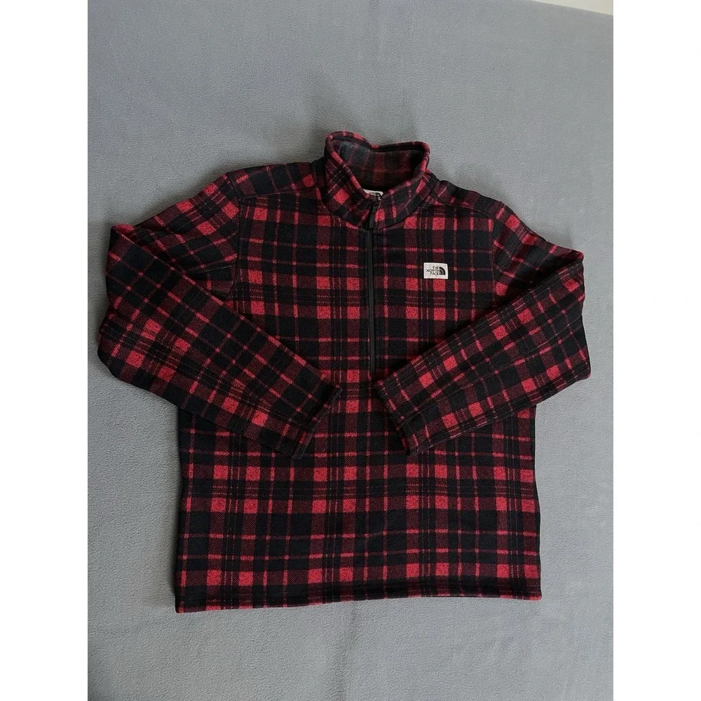 The North Face Men's XL Red Black Buffalo Plaid Fleece Quarter Zip Pullover